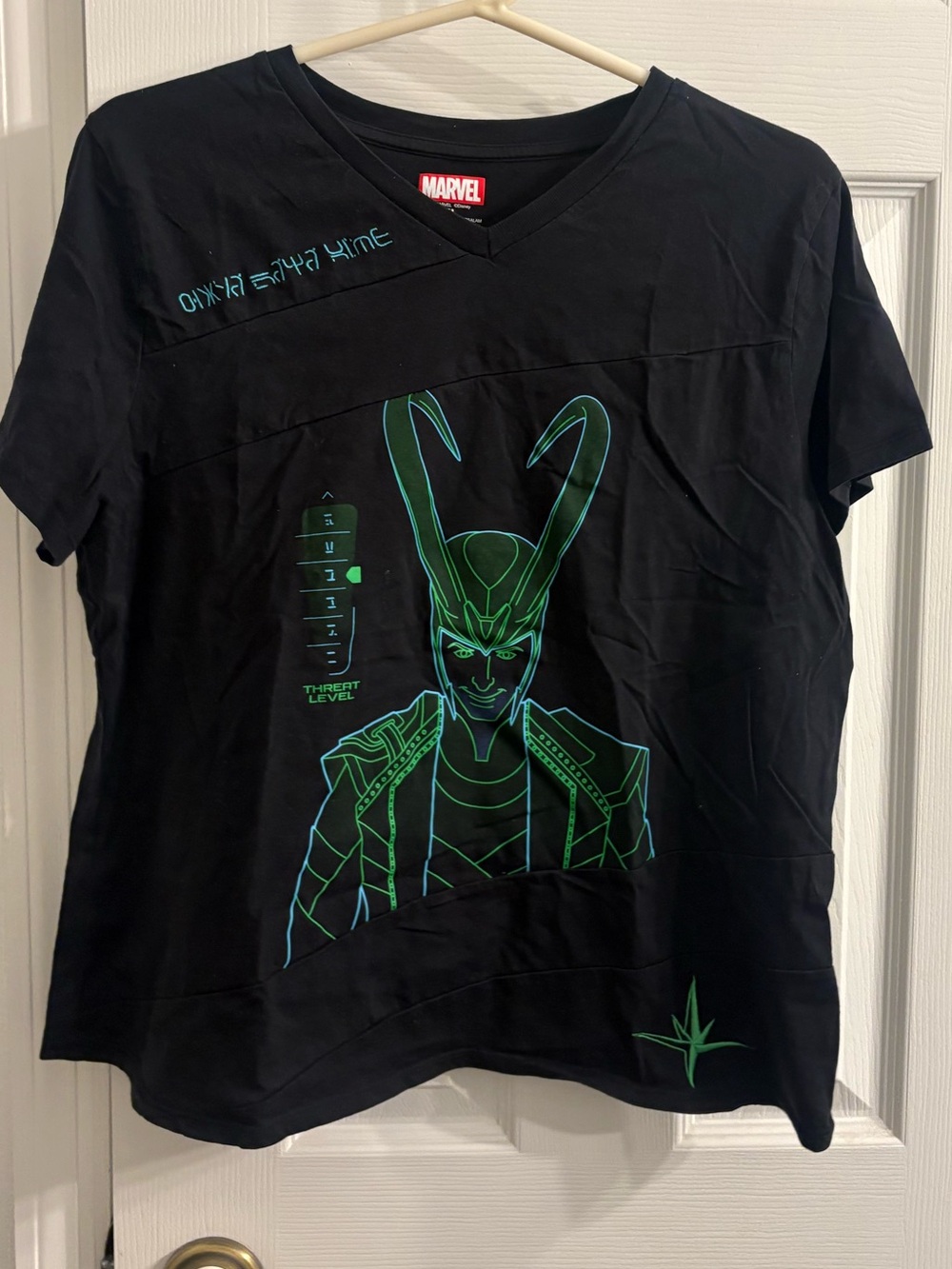 Marvel Women’s Black Tee with Neon Green Loki Graphic